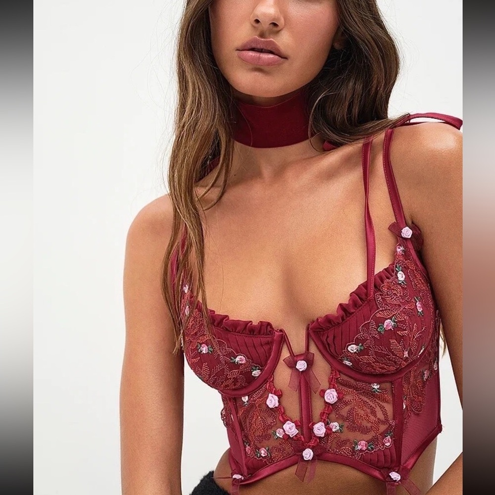 FOR LOVE AND LEMONS Colette Bustier Burgundy Lace Floral Feminine Boho Festival